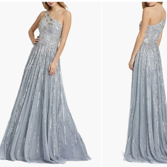 MAC DUGGAL 5220 ONE SHOULDER A-LINE PLATINUM GOWN sz 4 - Picture 6 of 6